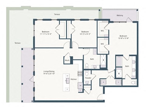 Floor plan for 3 beds, 2.5 baths, 1892 sqft